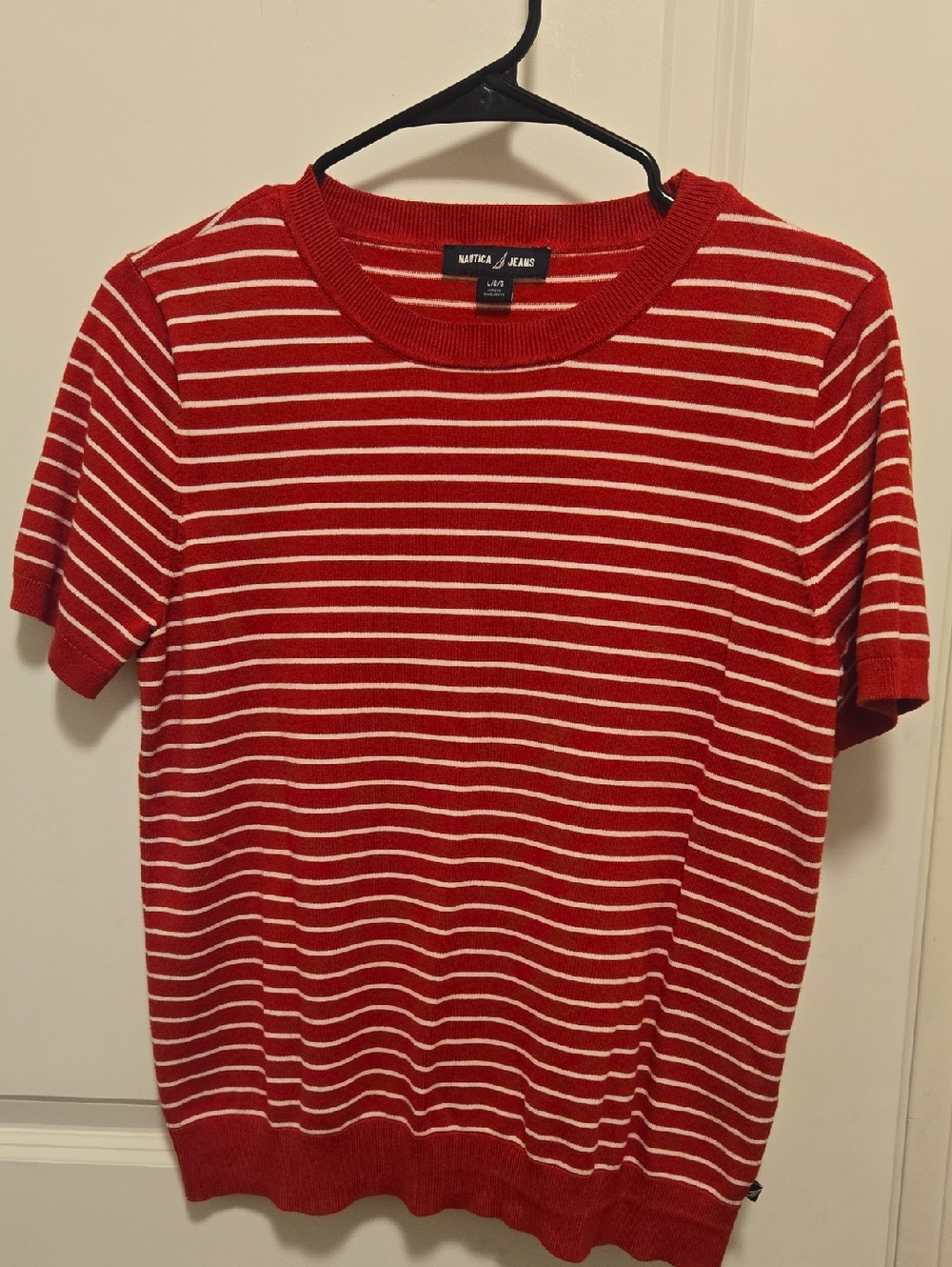 Nautica Red and White Striped Short Sleeve Sweater Top